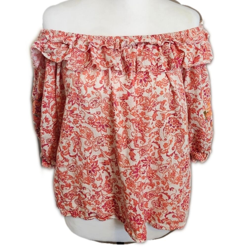 Democracy Off The Shoulder 100% Cotton Orange & White Blouse, L